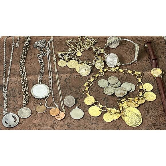 Large Mixed Metals Coin Jewelry Lot 22 Necklaces Bracelets Pendants Watch Coins - Picture 2 of 15